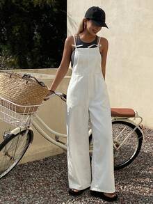 DAZY Bộ áo liền quần và yếm denim trắng buộc dây kiểu dáng thường ngày dành cho nữ, phong cách nghỉ dưỡng Y2K - trắng - Xem 4