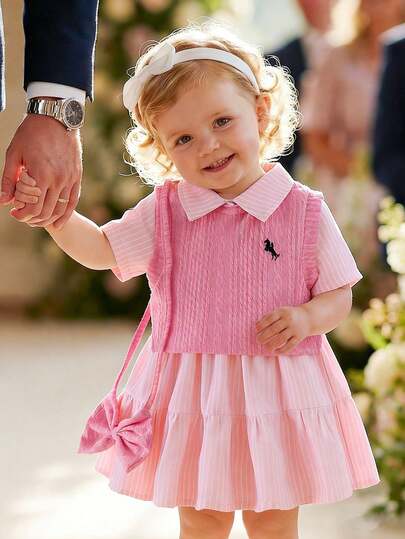 Souflis Souflis 3pcs/Set Spring&Summer Baby Girl Casual Words Embroidery Sleeveless Top&Solid Color Half Open Collar Dress&Bowkont Decoration Collared Baby Girl Dress Baby Girl Summer Dress Pink Bow Baby Dress Baby Girl Dresses With Collar Baby Elegant Clothes