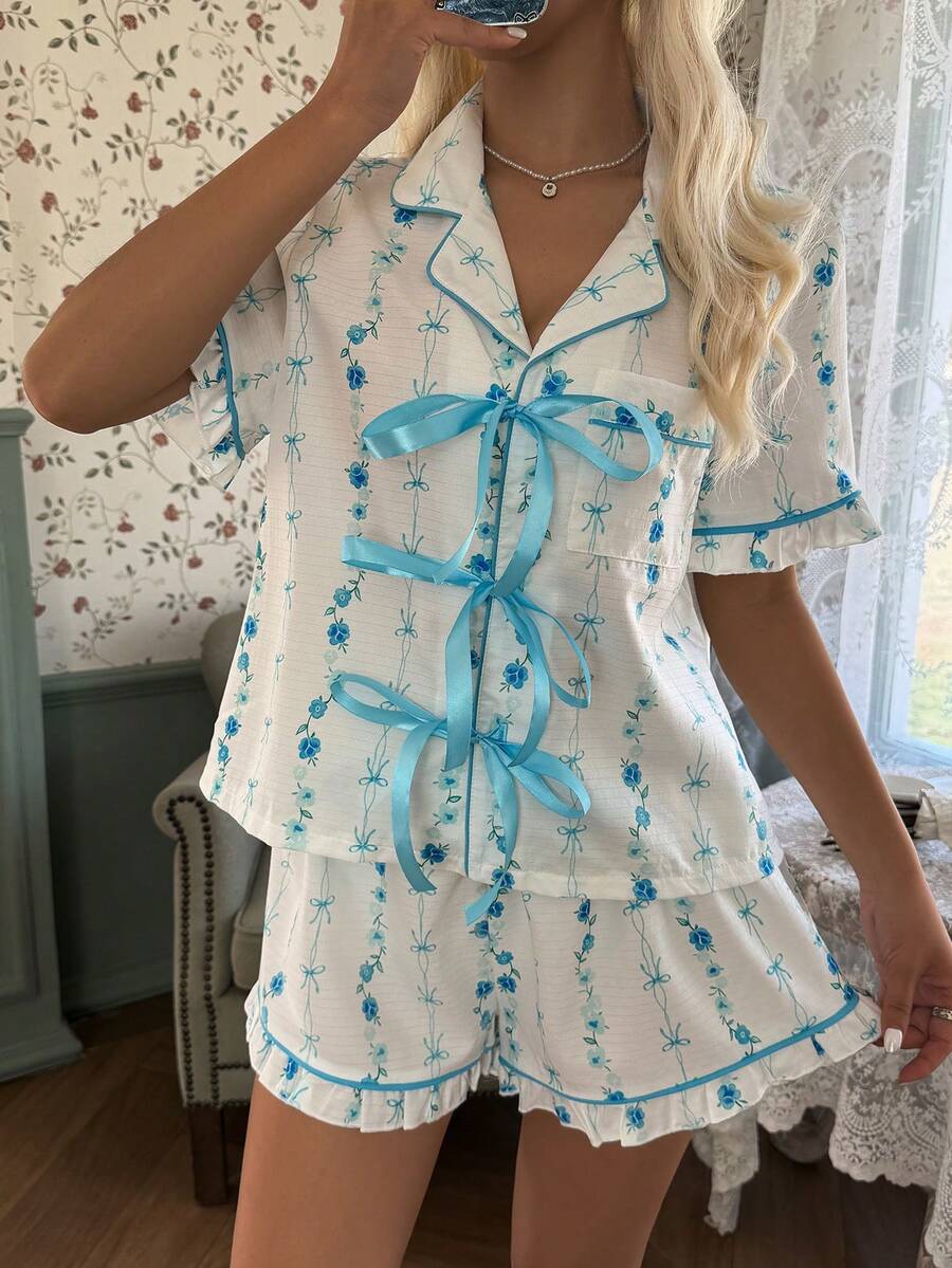 CottageSlumber Romantic Floral Print Pajama Set, Sweet Bow Tie Decor French Romantic Drawstring Pajama Set, Elegant Ladies Sleepwear Set - Multicolor - View 1