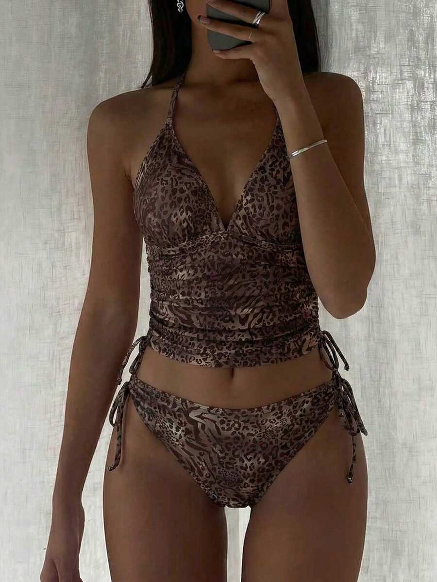 Swim Vcay Traje de baño sexy con escote en V profundo, espalda descubierta y tirantes, con Bottom con lazos y estampado de leopardo aleatorio, adecuado para la playa, vacaciones, uso casual, festivales, estilo bohemio, primavera/verano - Multicolor - Ver 1