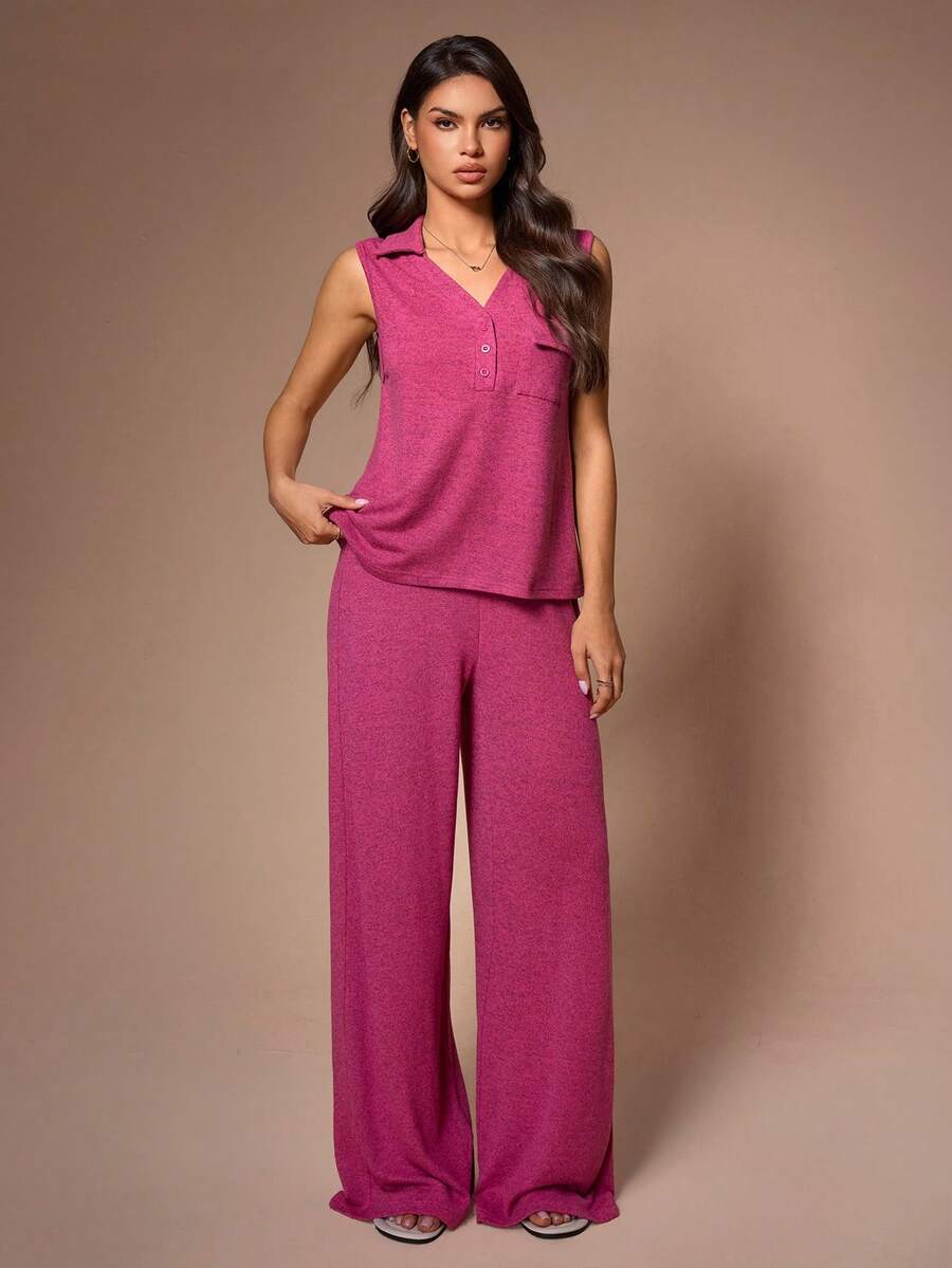 SHEIN Women's Casual Sleeveless Lapel Partial Button Pocket Top And Pants Pajama Set - Hot Pink - View 1