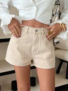 DAZY 女士休闲纯色水洗短裤，春夏款 - 米色 - 查看 6