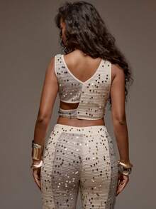 MUSERA Contrast Sequin Crochet Plunge Fitted Crop Top Spring Summer Holiday Vacation Beach Ibiza Festival Party Elegant Divinity - Multicolor - View 2