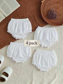SHEIN Playful Pals 3件套女宝宝可爱基础款纯色荷叶边松紧腰灯笼裤短裤套装，柔软轻薄，适合度假、海滩、夏季日常穿着，春夏季节适用。 - 白色 - 查看 7