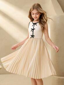 Tween Girl Butterfly Decor Pleated Hem Sleeveless Dress Girls Pleated Dress Tween Girl Church Dress Tween Neutral Dress Nude Dress For Tweens Sleeveless Dress Young Girl Teen Girl Collar Dress Collared Dress Young Girl Beige Dress For Girls Clothes For Girls 13 14 Girs Dress Cute Dresses For Girls - Beige - View 3