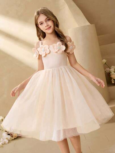 Tween Girl Luxurious Elegant Champagne Satin Floral Mesh Short Off-Shoulder Fitted Dress, Suitable For Evening Party, Christmas, Halloween, Wedding, Flower Girl, Prom, Graduation, Back To School And Other Occasions