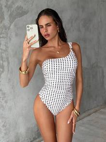 Swim Vcay Bộ đồ bơi liền thân gợi cảm, họa tiết chấm bi đen trắng, kiểu dáng bất đối xứng, mới năm 2026 dành cho nữ, thích hợp cho kỳ nghỉ hè trên bãi biển. - Nhiều màu - Xem 7
