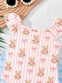 SHEIN 奶油白和奶油粉条纹，可爱甜美的BM风格蝴蝶结泰迪熊童话印花，海岛度假风，少女春夏甜美时尚休闲可爱荷叶边袖连体泳衣，度假，海滩，沙滩装，度假风，度假套装 - 彩色 - 查看 6