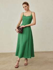 MOTF PREMIUM LINEN MINIMALIST ELEGANT DOUBLE WAISTBAND FLARED MIDI DRESS, SPRING/SUMMER - Green - View 8