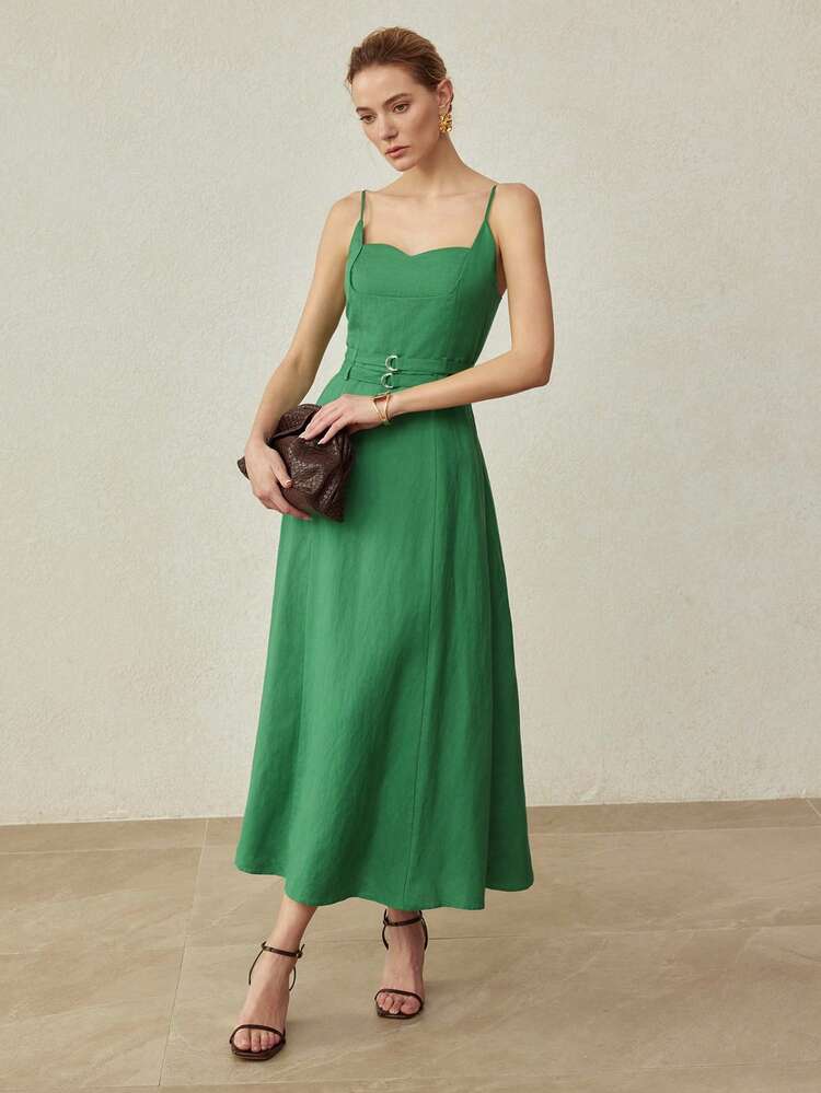 LINEN MINIMALIST ELEGANT DOUBLE WAISTBAND FLARED MIDI DRESS, SPRING/SUMMER