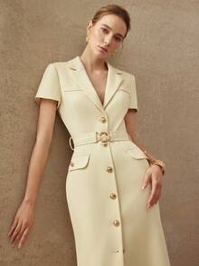 MOTF PREMIUM ELEGANT WAIST-CINCHED FITTED LAPEL COLLAR BELTED LONG DRESS, SPRING/SUMMER - Apricot - View 4