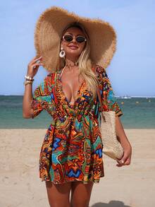 Swim Chiccia 春夏度假风深V领印花连衣裙，蝙蝠袖收腰沙滩罩衫，性感 - 彩色 - 查看 3