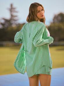 GLOWMODE Voyager Strechy Hip Length Relaxed Fit Back Split Hem Front Pocket Pinstriped Long-Sleeve Button-Down Shirt Daily Casual Vacation Lounge Wear - Multicolor - View 1