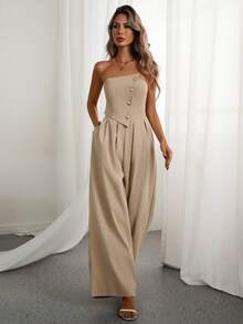 Rafferiza Fashionable Sexy Strapless Sleeveless Metal Buckle Jumpsuit - Khaki - View 6