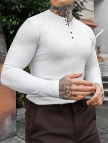 Artur Kramer 男士纯色简约休闲长袖亨利领打底白色T恤，适合秋冬季穿着 - 白色 - 查看 5