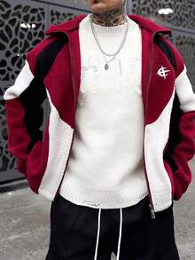 Artur Kramer 男士撞色拼接拉链连帽长袖夹克，秋冬季Y2K拉链街头风夹克 - 紅色 - 查看 6