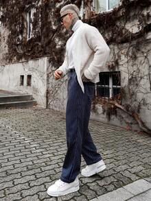 Artur Kramer Men's Striped Loose Pocket Casual Pants Baggy Clothes For Men Mens Navy Pinstripe Pants Mens Navy Blue Pin Strip Pants Mens Pinstripe Baggy Pants - Black and White - View 5