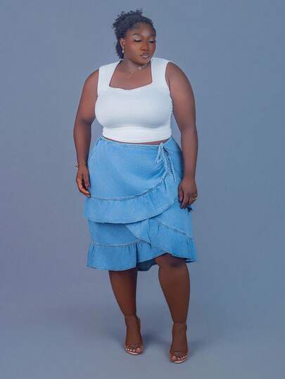 CurvyTilda 大码休闲不对称荷叶边下摆抽绳细节牛仔半身裙