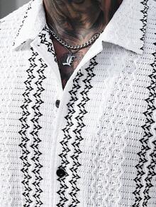 VENTUSAIL 男士白色纹理针织提花休闲短袖衬衫 男士钩针衬衫 男士衬衫 男士衬衫 黑白夏威夷衬衫 - 白色 - 查看 3