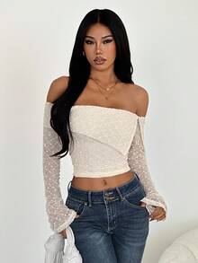 SHEIN PETITE Áo nữ thời trang thu đông, chất liệu vải có họa tiết, kiểu trễ vai, xếp ly, tay dài, màu trắng, trang phục ấm áp cho mùa thu đông. - Màu be - Xem 4