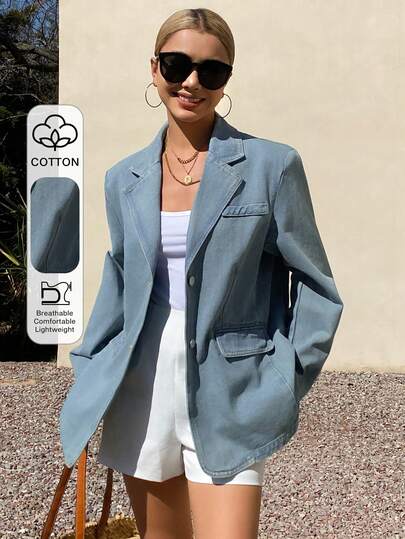 DAZY Women's Lapel Denim Jacket, Casual Loose Fit Washed Denim Jacket