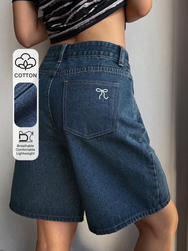 Tall Women's Exclusive Butterfly Embroidery Cuffed Denim Shorts, Casual Street Style Jorts