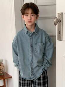 DAZY Tween Boys' Fashionable Drop Shoulder Long Sleeve Button-Up Denim Shirt Spring - Blue - View 8