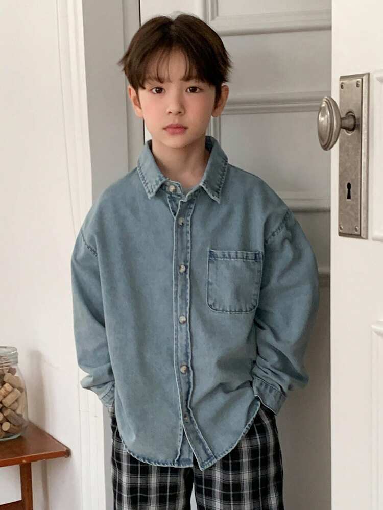 Tween Boys' Fashionable Drop Shoulder Long Sleeve Button-Up Denim Shirt Spring