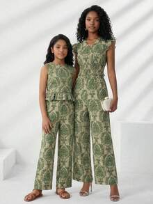 Travachic KIDS 少女休闲度假绿色碎花无袖上衣和松紧腰裤套装，夏季 - 軍綠色 - 查看 7