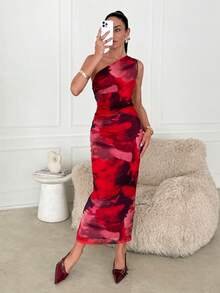 Lavishia Red Abstract Print Sleeveless Bodycon Midi Dress, Suitable For Summer - Red - View 3