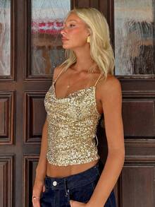 MainGRL Women's New Sequin Plunging Neck Backless Camisole For Party - Multicolor - View 4