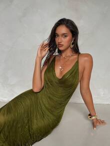 Aloruh 女士春夏新款绿色罩衫连衣裙，橄榄绿连衣裙，深V流苏连衣裙，奢华装饰派对连衣裙，性感优雅薄纱沙滩裙 - 橄欖綠 - 查看 5