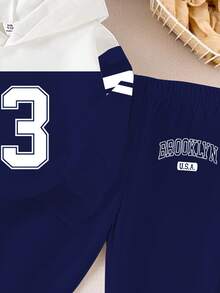 2er/Set Baby Jungen/Mädchen Marineblau und Weiß Brooklyn 23 Patchwork Hoodie Sweatshirt&Hose Herbst Lässig Page Boy Schulanfang Sportbekleidung Winter Outfit - Verschiedenfarbig - Übersicht 4