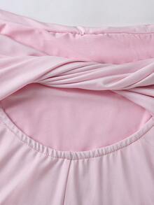 Olithes 性感优雅修身长袖收腰双层露肩扭结露背鱼尾下摆罗纹针织连衣裙，白色，秋冬款 - 粉色 - 查看 5