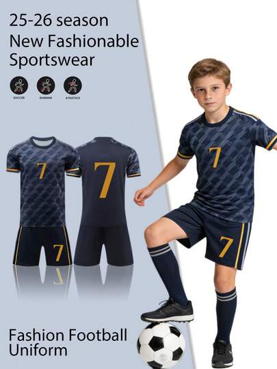 Bộ áo bóng đá trẻ em số 7 tay ngắn và quần short, mẫu mới năm 2026, bán chạy nhất, kiểu dáng giống người nổi tiếng, thích hợp cho thể thao ngoài trời, đạp xe, chạy bộ, đi học, thi đấu bóng đá, nhẹ và thoải mái.