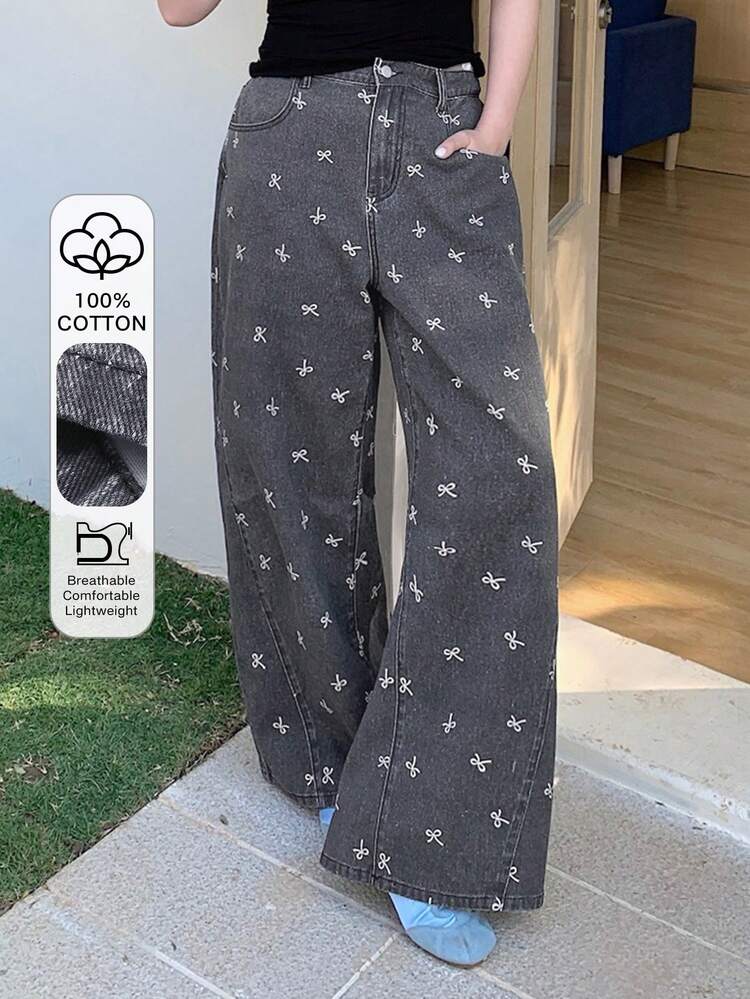 Dazy Plus Bow Print Floral Casual Loose Flare Leg Long Jeans For Women
