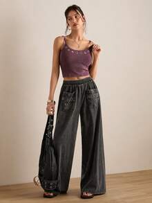 Easelle Casual Vintage Pocket Distressed Loose Women's Pants Wide Leg Pants Western Pants For Women Wide Leg Pants Woman Women's Pants Women's Pants Women's Trousers Women Summer Pants - Grey - View 5