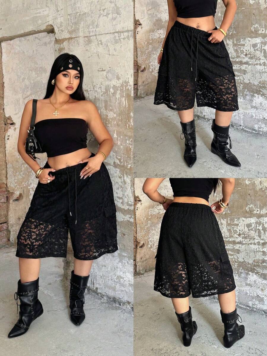 Sunspun Pantalones cortos holgados de encaje deportivos y casuales de talla grande, primavera/verano - Negro - Ver 1