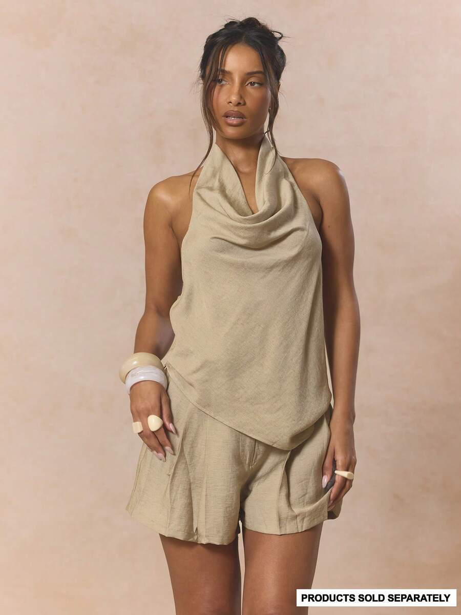 MUSERA 高领垂褶不对称下摆露背上衣（单件上衣）可爱春日假日少女风 Sugar Salt - 駝色 - 查看 1