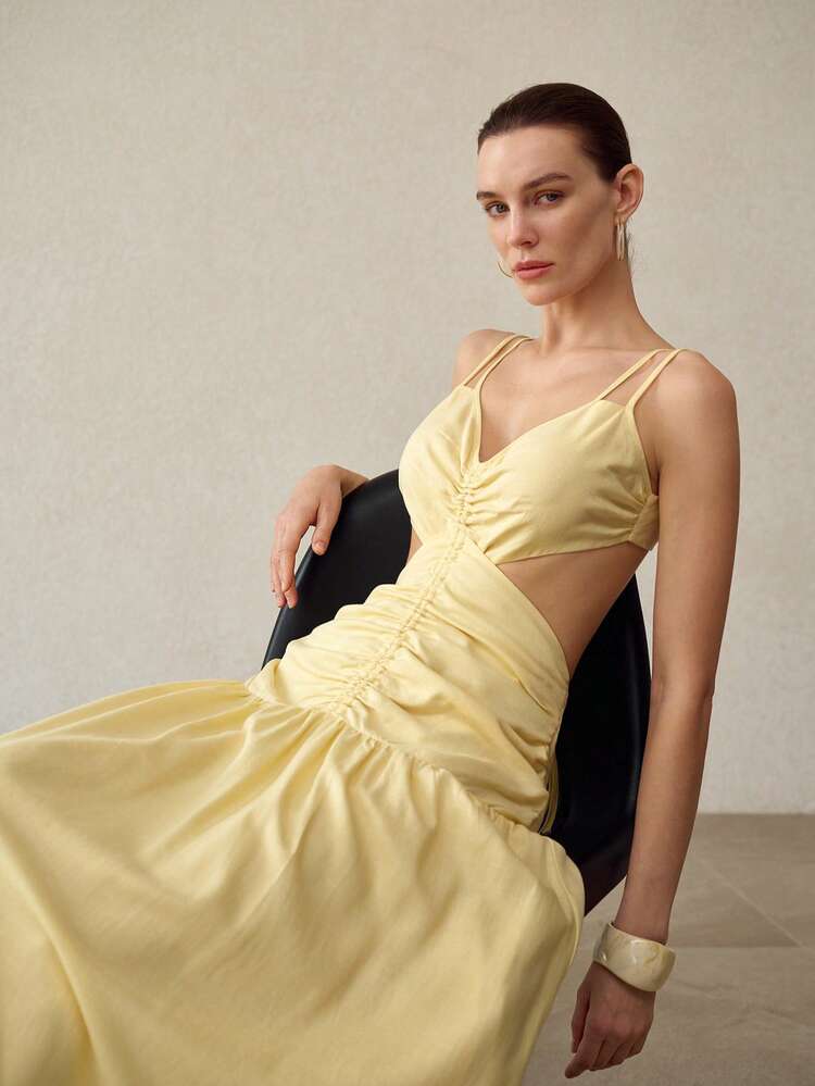 SUMMER BACKLESS RUCHED CAMISOLE DRESS, FRENCH ELEGANT WAIST-CINCHING SEXY SLIMMING LONG DRESS FOR WOMEN
