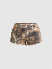 Quần short denim siêu ngắn cạp thấp, họa tiết hoa điều paisley cổ điển phong cách Y2K, viền tua rua, gợi cảm. - màu nâu - Xem 1