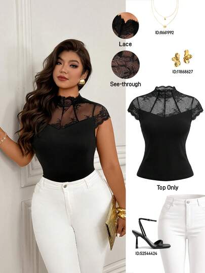 Femmeverse 大码性感纯色蕾丝拼接立领T恤，夏季