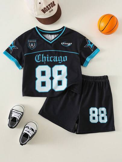 SHEIN Set de 2 piezas de ropa deportiva informal de verano para bebé niño, con estampado numérico, conjunto de top y pantalones cortos