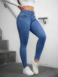 Flexra 女士高弹力开衩修身牛仔裤 - 中等水洗藍 - 查看 5