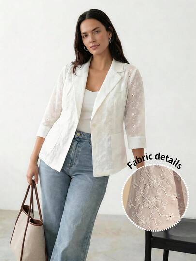 Juhart Plus Size Women Embroidered Hollow Lapel NeckBlazer Thin Jacket