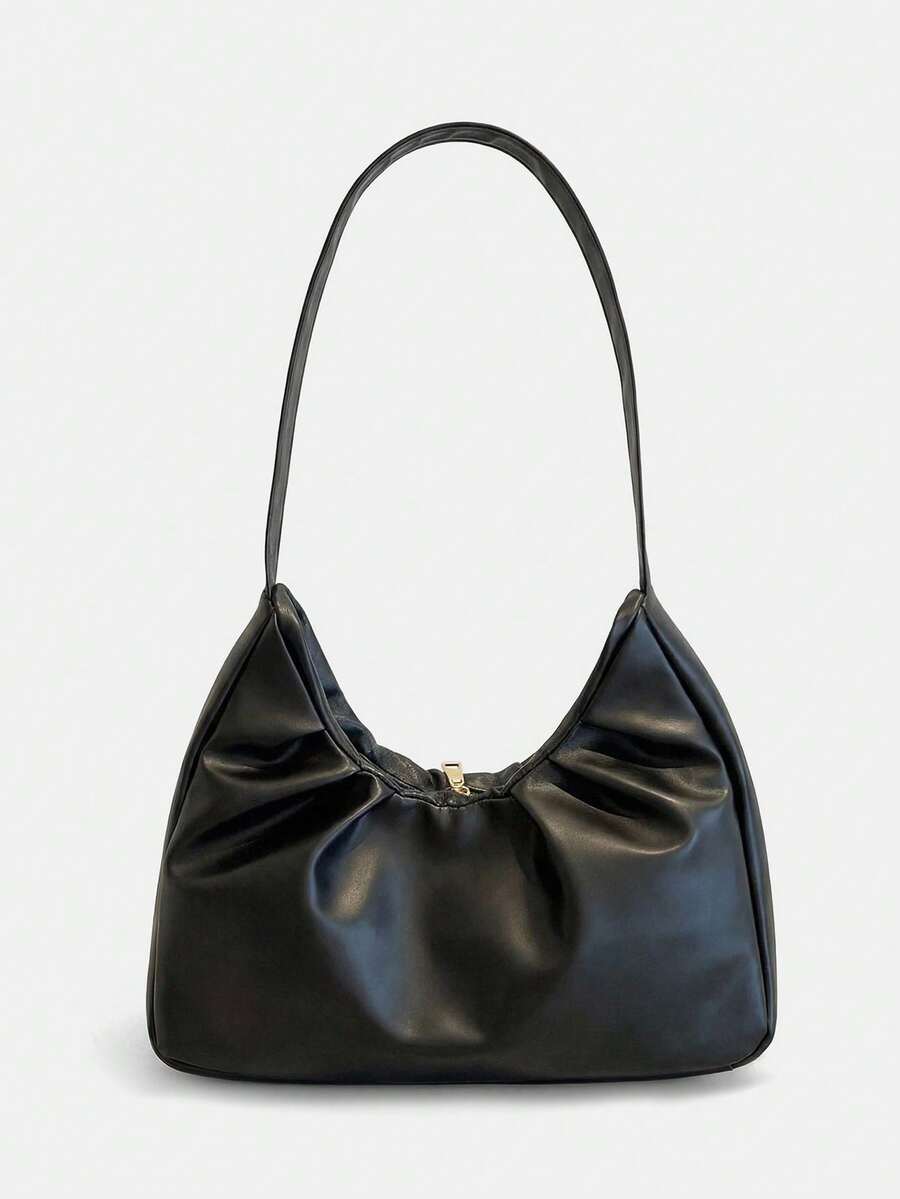 Lumivelle 优雅时尚单肩包，新款春秋纯色褶皱清新手提包，腋下感十足 - 黑色 - 查看 1