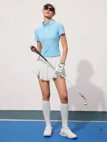 CourtClass CourtClass Women's Fashionable Golf Polo Shirt,Front Zipper Half-Open Collar Short Sleeve Fitted Sports Top,Elegant Summer Tennis Outfit,Baby Blue Golf Attire - Baby Blue - View 7