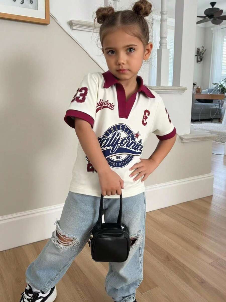 Blusa de manga corta con estampado de letras, informal, para niñas, verano - Multicolor - Ver 1