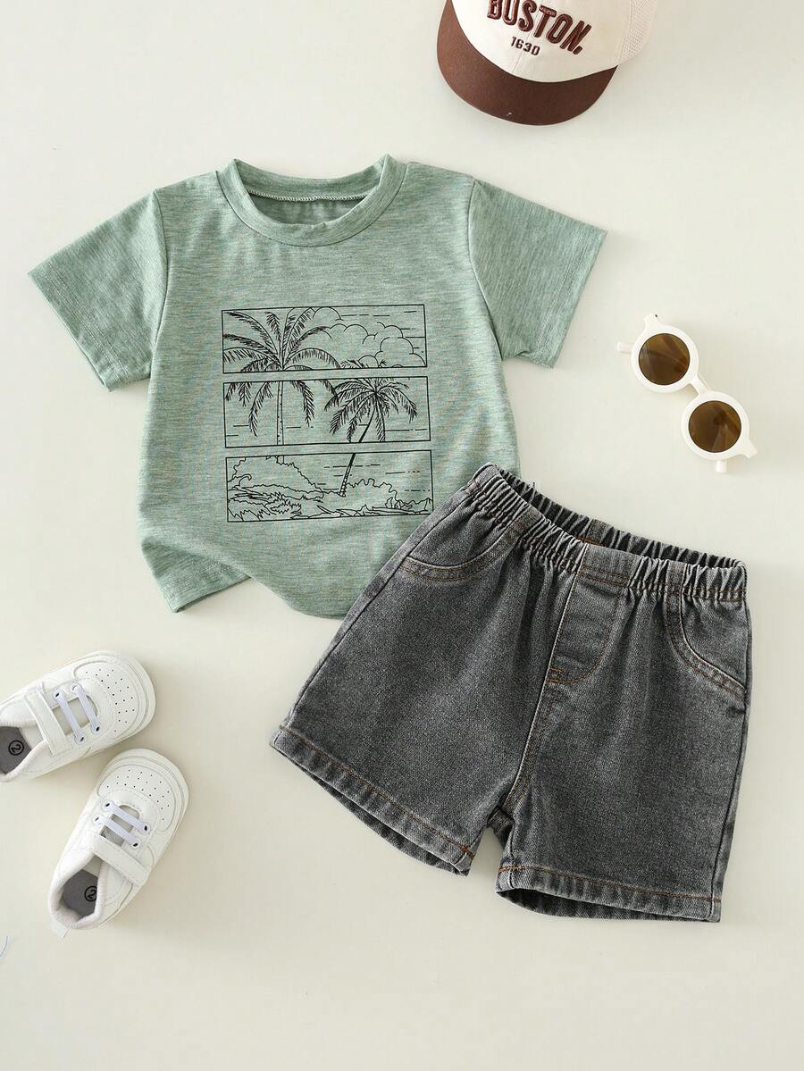 2pcs/Set Baby Boy Summer Casual Beach Vacation Green Pattern T-Shirt And Black Denim Shorts Set - Multicolor - View 1