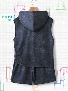 Tetris™ X SHEIN 2pcs/Set Tween Boy Casual Style Hoodie Vest And Shorts Set, Comfortable And Versatile - Dark Grey - View 2